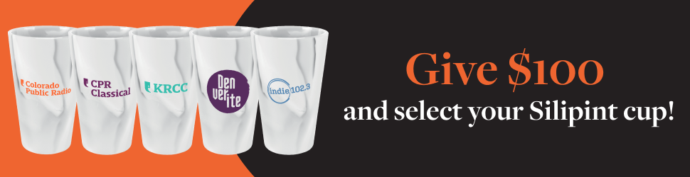 Five Silipint cups with different logos - CPR, CPR Classical, KRCC, Denverite, Indie 102.3. Give $100 and select your Silipint cup!