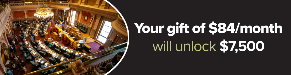 The inside of Colorado state congress from above. Your gift of $84/month will unlock $7,500.